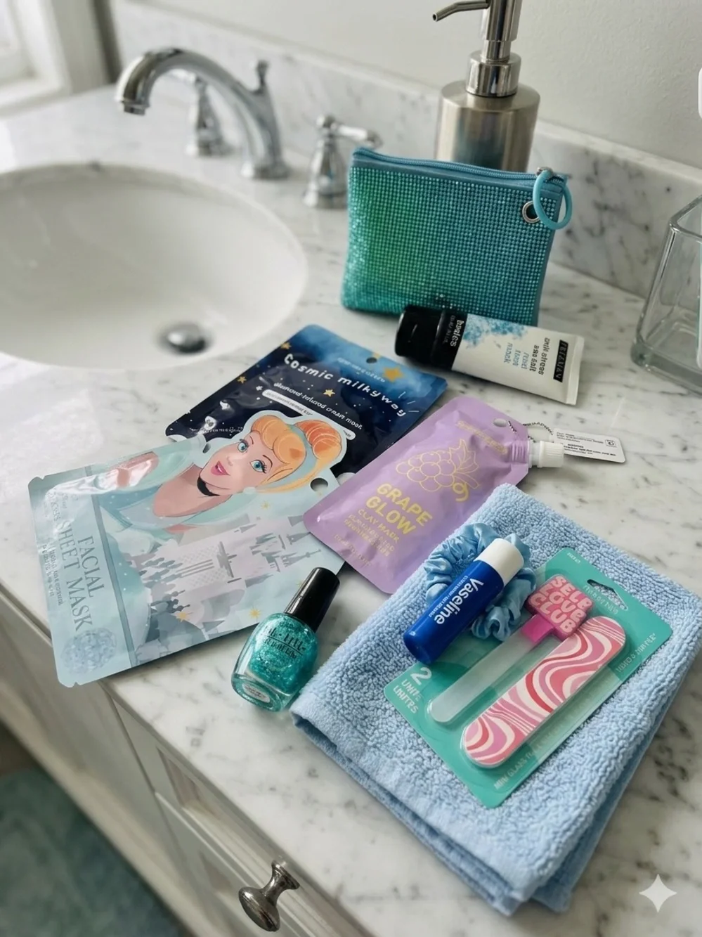 Blue Teal Cosmetic Pouch with nail polish bagcharm and self care items!!!! New